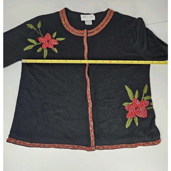 Silk Club Black Silk Cardigan Beaded Embroidered Holiday Sweater Petite Medium - Picture 3 of 7